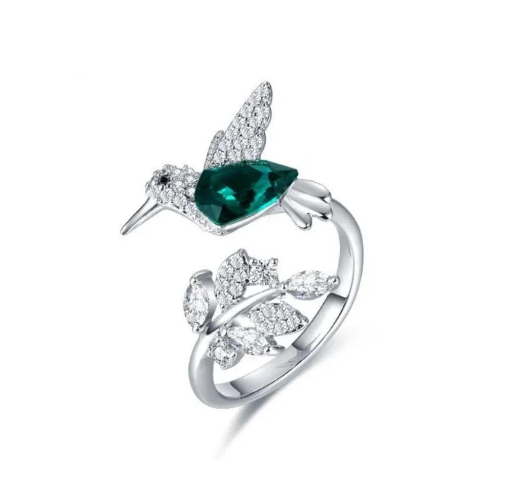 Elegant Natural Blue Stone Adjustable Hummingbird Ring for Women Glass Filled - Picture 3 of 10